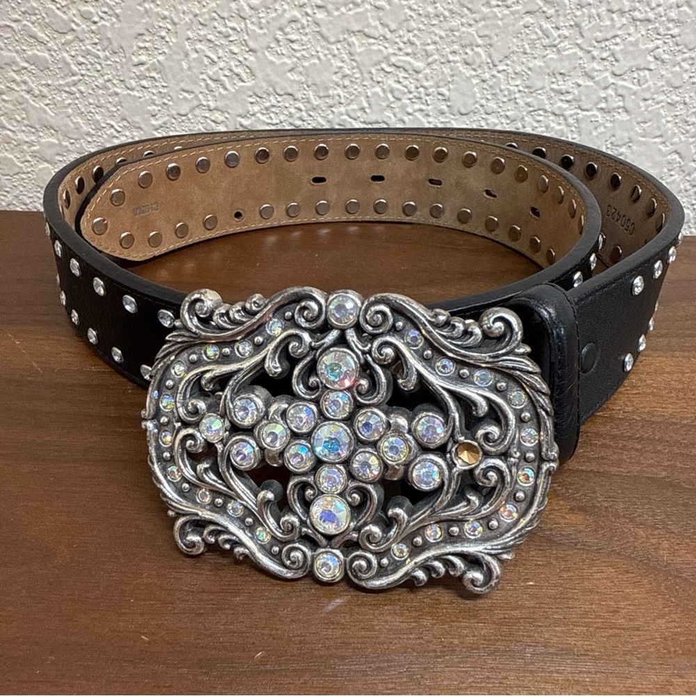 Tony Lama Black Leather Belt with Ornate Silver-Tone Rhinestone Cross Buckle